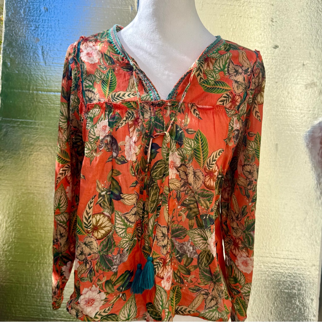 Johnny Was Pheasant Floral Orange And Green Women's Top Cotton Size Small